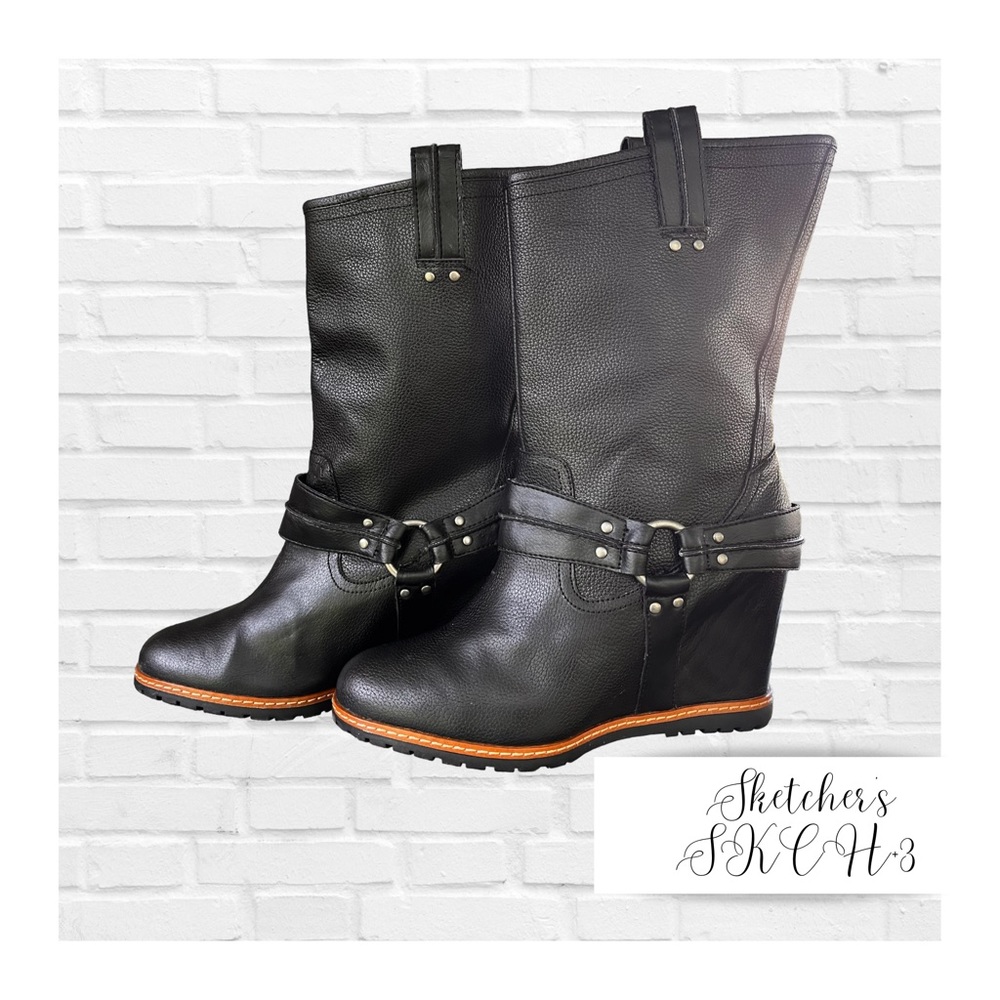Skechers SKCH+3 Black Leather Harness Hidden Wedge Boots NWOB Size Women’s 10